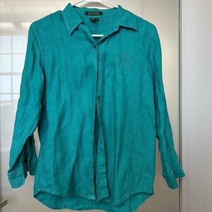 Lauren Ralph Lauren Teal 100% Linen Monogramed Blouse size small
